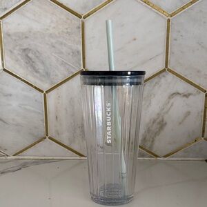 18oz Starbucks Glass Tumbler with Teal Lid and Light Blue Straw